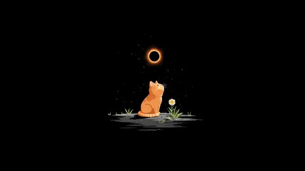 Cartoon cat gazing at a celestial object against a stark black background