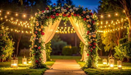 Garden wedding ceremony decorated with floral arch and  lights
