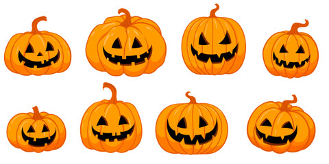 Carved pumpkins, Halloween vector cartoon spooky creepy funny pumpkins set