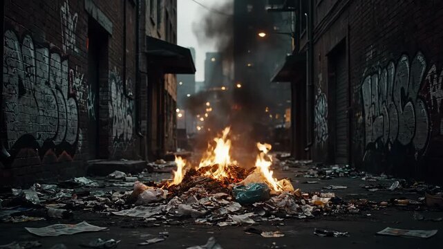 Urban Alleyway fire with debris and smoke in a deserted city street