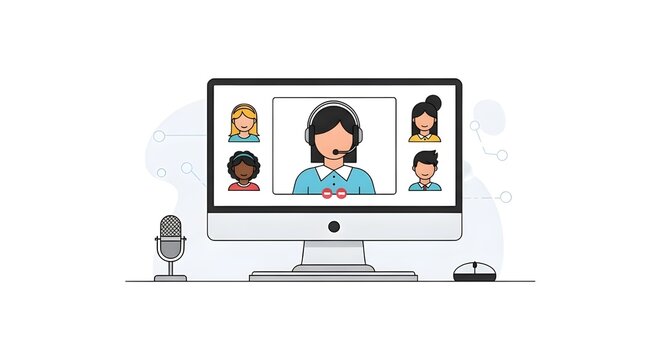 Minimalist clipart of a virtual classroom setup with a teacher on a computer screen and students depicted as avatars, highlighting remote teaching and collaboration.
