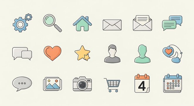 Hand-drawn style social media and web interface icons set.