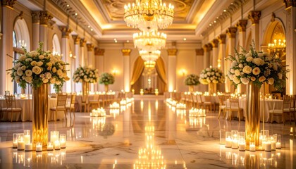 Wedding ballroom with elegant floral decorations and candlelight