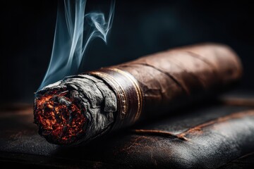 Premium cigar smoldering with elegant smoke and glowing embers on dark leather.
