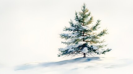 Single watercolor pine tree with snow accents and gentle shadows on white background