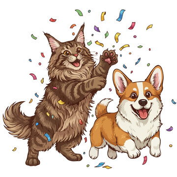 happy cat and dog celebrating with confetti clip art preview