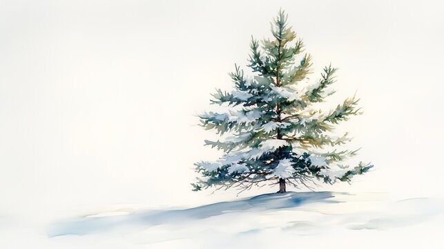 Single watercolor pine tree with snow accents and gentle shadows on white background