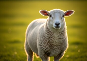 Obraz premium A fluffy white sheep stands in a sunlit green field, looking directly at the camera with golden light illuminating its wool.