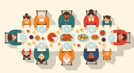 A cheerful flat design illustration depicting a diverse family enjoying a bountiful Thanksgiving dinner together, symbolizing unity and gratitude. The scene is presented with a clean, modern aesthetic
