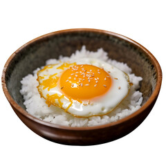 rice in a bowl topped with a fried egg, isolated background.