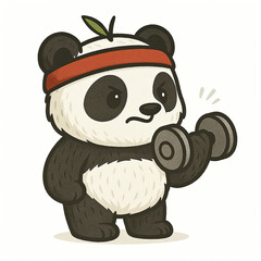 Motivated panda mascot lifting dumbbell, showcasing determination and strength in playful cartoon style
