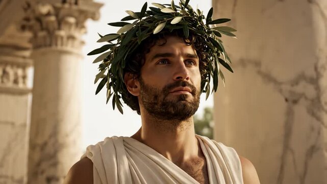 Ancient Greek Man Wearing Laurel Wreath in Classical Setting