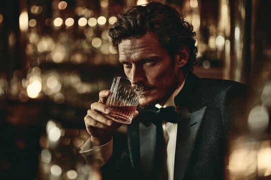 A sophisticated gentleman enjoying a glass of whiskey in a luxurious bar