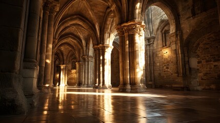 Obraz premium Ancient stone hall with arched ceiling and sunlit floor.