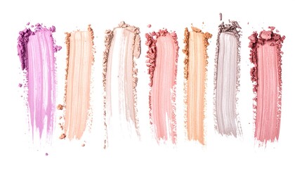 Seven colorful cosmetic swatches are arranged on a white background, demonstrating a range of makeup shades and textures