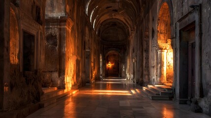 Obraz premium Long, sunlit hallway of an ancient stone building with arched ceilings.