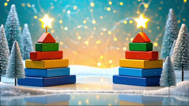 Abeti natalizi realizzati con blocchi di legno colorato e decorati con una stella luminosa sulla cima, in un paesaggio innevato fiabesco