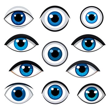 Collection of stylized blue eyeballs with various shapes and sizes. Vivid design on white