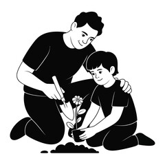 Father and son planting together in a black and white vector illustration for eps files silhouette vector illustration white background