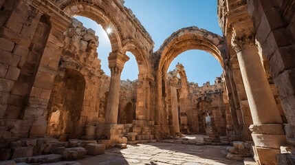Fototapeta premium Ancient stone ruins with arches and columns bask in bright sunlight.