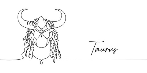Minimalist one-line Taurus zodiac sign illustration, elegant linear bull head design with horns in continuous contour black art