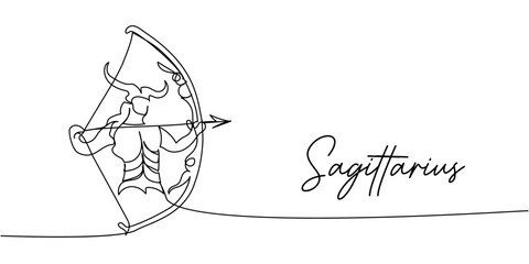 Minimalist one-line Sagittarius zodiac sign illustration, elegant linear archer with bow and arrow in continuous contour black art