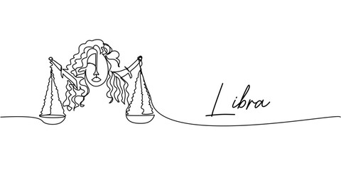 Minimalist one-line Libra zodiac sign illustration, elegant linear female figure holding scales in continuous contour black art