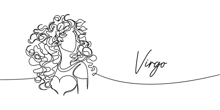 Minimalist one-line Virgo zodiac sign illustration, elegant linear female figure with floral hair in continuous contour black art