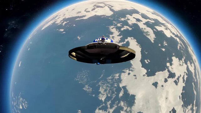 A stunning view of a spacecraft soaring above Earth atmosphere, showcasing the beauty of clouds and blue skies in outer space. Ideal for themes of exploration.