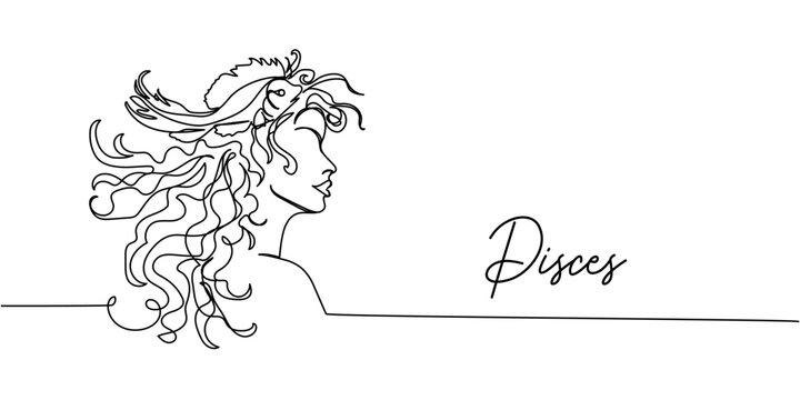 Minimalist one-line Pisces zodiac sign illustration, elegant linear female profile with flowing hair and fish in continuous contour art