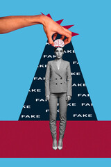 3d sketch pop image banner collage of human hand hold brain manipulation puppet girl fake news propaganda lie spread broadcast