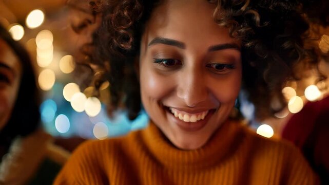 A joyful moment captured as friends share laughter while using a smartphone. The warm light creates an inviting atmosphere, highlighting their happiness.