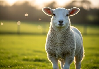 Obraz premium A young lamb stands in a sunlit green field, looking directly at the camera with a gentle expression.