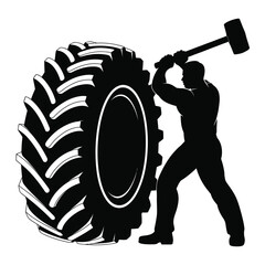 Silhouette illustration of a person wielding a sledgehammer against a large tire vector graphic silhouette vector illustration white background