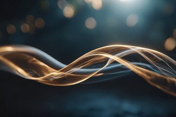 Dynamic golden and blue light trails flowing on a dark background with bokeh.