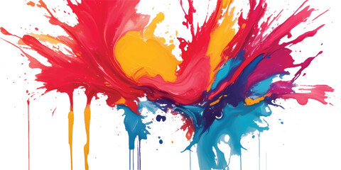 Vibrant Abstract Paint Splash Explosion with Dynamic Red, Yellow, Blue, and Purple Ink Blots on White Background – Creative Artistic Expression Texture for Modern Design and Digital Art Concepts