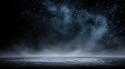 Dark, moody scene with textured ground, low fog, and falling particles against a hazy, star-like background, blurred black background