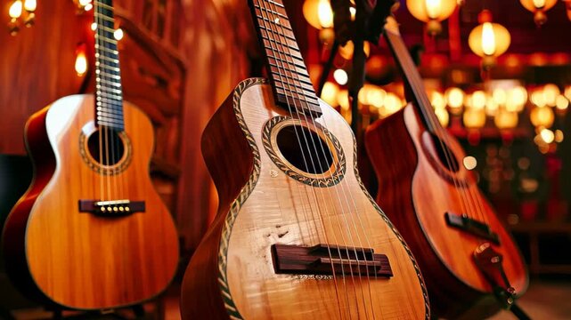 This close-up image captures the beauty of a traditional string instrument. The warm lighting creates an inviting atmosphere, celebrating cultural art and music.