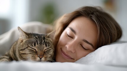 Young woman and her tabby cat sleeping side by side on a soft bed, sharing a peaceful morning of comfort, companionship and cozy domestic relaxation in a sunlit room