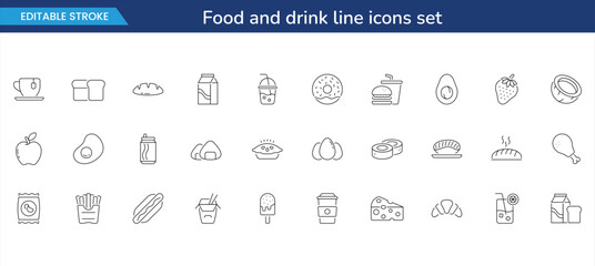 food and drink line icons set — editable stroke restaurant, cafe, and kitchen outline symbols for menu, packaging, and branding design