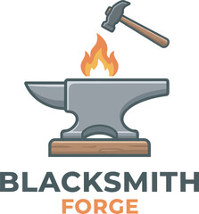 A cartoon illustration of a blacksmith's anvil with a hammer and fire.