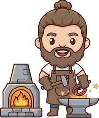 Obraz premium Cartoon blacksmith holding a horseshoe with a hammer near an anvil and furnace with flames.