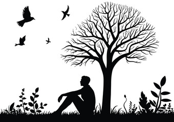 Silhouette vector illustration of a person sitting under a tree with birds flying overhead silhouette vector illustration white background
