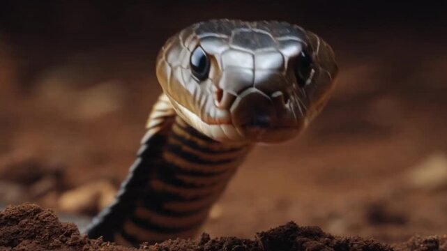 Cinematic close-up of a majestic King Cobra snake coiling and preparing to strike in its natural jungle habitat, capturing the intensity, detail, and raw power of one of nature&rsquo;s most feared predators