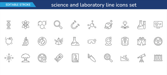 science and laboratory line icons set — editable stroke chemistry, biology, and research symbols for education, technology, and presentation design