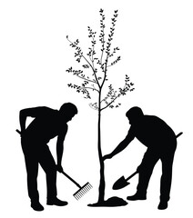 Two silhouettes planting a young tree vector illustration scalable eps iconic design silhouette vector illustration white background