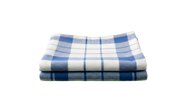 Two neatly folded blue and white checkered tea towels stacked against a pale green background. - Powered by Adobe