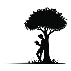 Silhouette illustration of a person reading under a tree vector scalable eps icon silhouette vector illustration white background