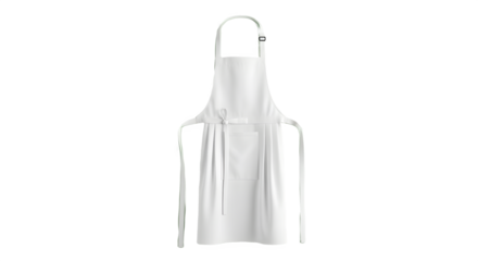 Upscaled image showcasing a clean, white apron hanging against a soft, pale green background wall.