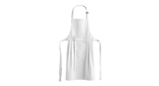 Upscaled image showcasing a clean, white apron hanging against a soft, pale green background wall.